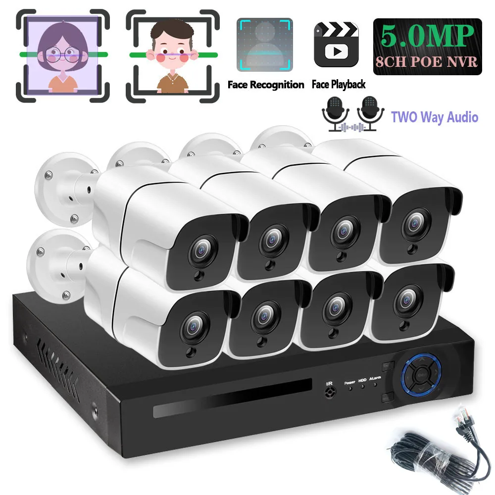 

HD 5.0MP POE AI Human Face&Audio Record Speaker ROnvif POE CCTV Camera NVR Kits 5.0MP RJ45 POE48V IP Surveillance Metal Camera