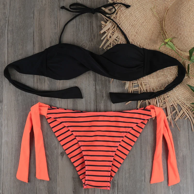 

2021 Summer Women Bikinis Set Sexy Striped Swimwear Strappy Brazilian Bikini Beach Bandeau Swimsuit Push Up Bathing Suit XL E607