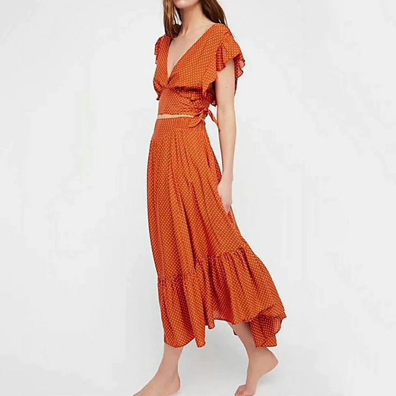 Юбка в горошек TWOTWINSTYLE летний костюм с v образным вырезом и оборками короткий топ