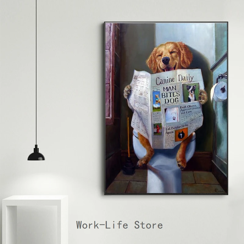 Картина маслом на холсте в виде забавных животных улыбка собака газета для