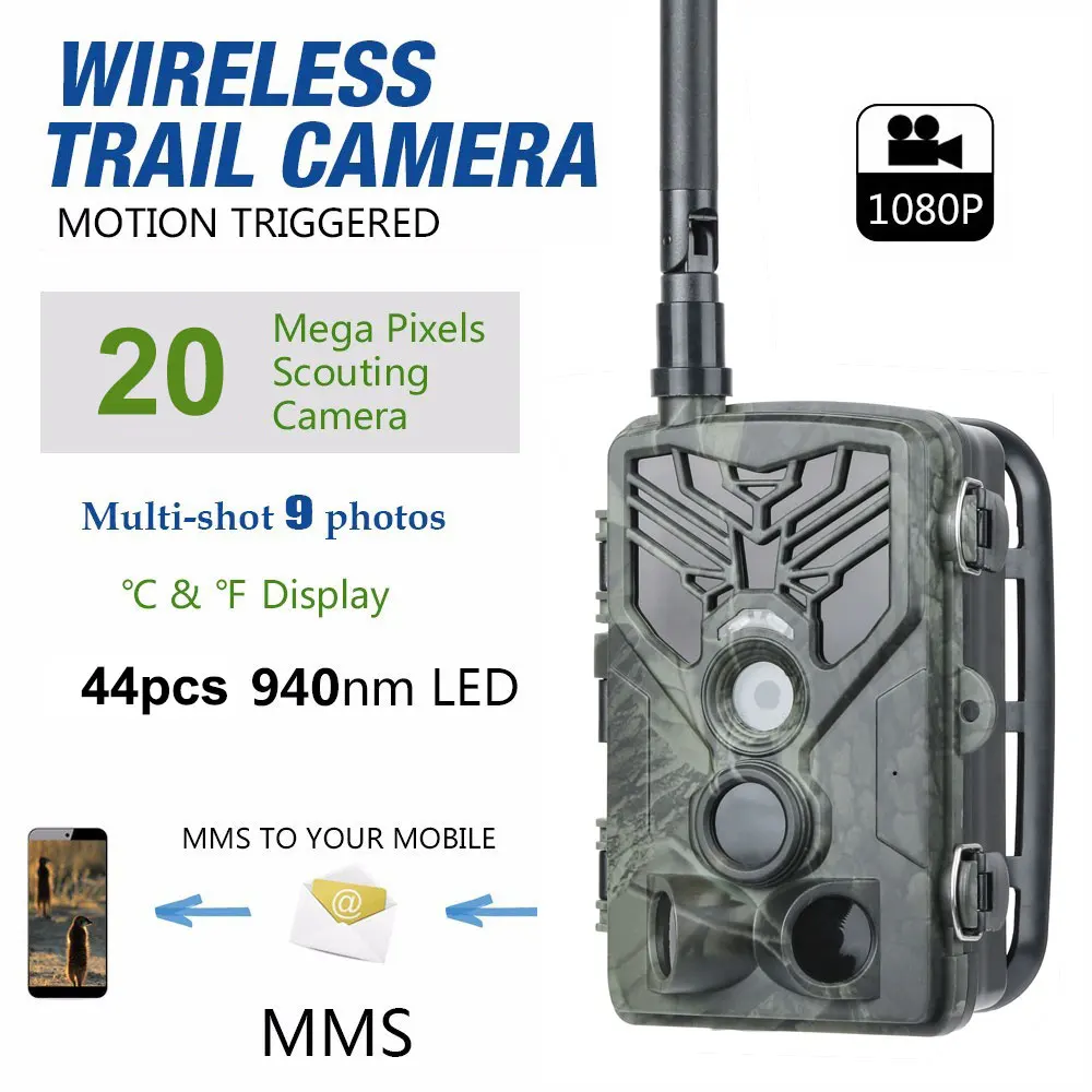 2G MMS SMS SMTP Trail Hunting Camera 20MP 1080P Infrared Wireless Cellular Mobile Night Vision Wildlife Photo Traps HC810M