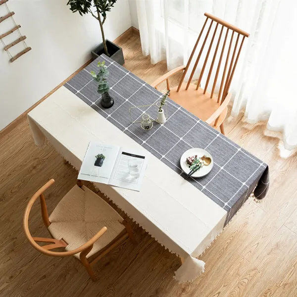 Grey Plaid Two Tone Decorative Linen Tablecloth With Tassel Waterproof Oilproof Rectangular Wedding Dining Table Cover Table Cloth - Цвет: Grey