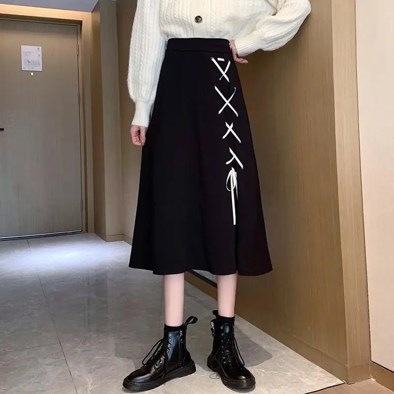 

Skirts for Women Bandage Mid-Calf A-LINE High-waisted Skirt Preppy Style Faldas Mujer Moda Gothic Skirt Korean Fashion Clothing