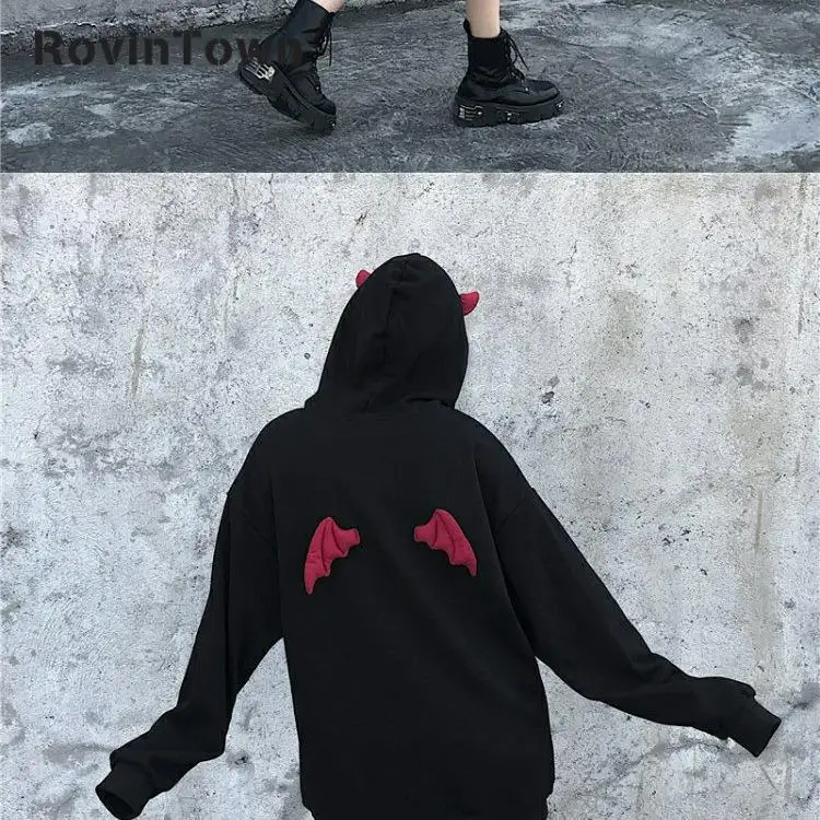 Женская толстовка с капюшоном Little Devil черная свободная Осенняя бархатная