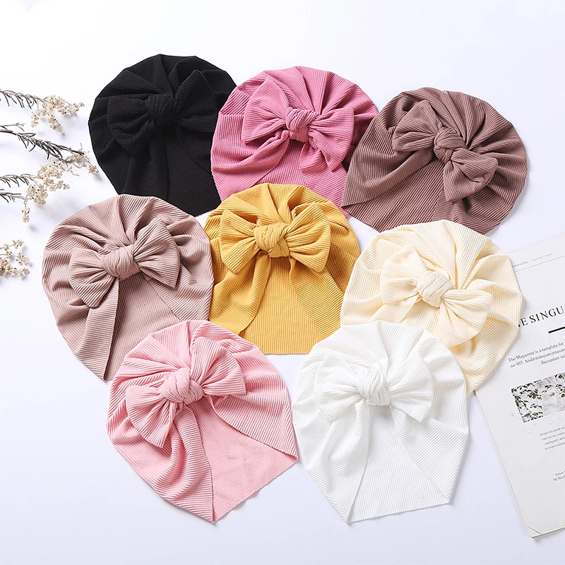 

Cartoon Bow Baby Turban Hat Solid Color Kids Newborn Bonnet Caps Soft Elastic Cotton Baby Girl Infant Beanie Hat New Born Props