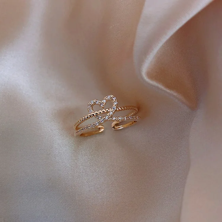 

Simple Personality Double Line Heart-shaped Ring Fashion Sweet Girl Inlay Zircon Adjustable Ring Charm Lady Valentine's Day Gift