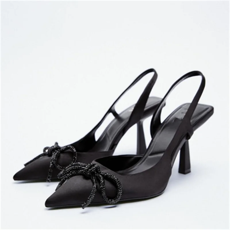 

2022 Bow Bright Slingback Woman Heels TRAF Spring Black Pointed Toes Sequins Pumps Women Elegant Office Ladies Muller Sandals
