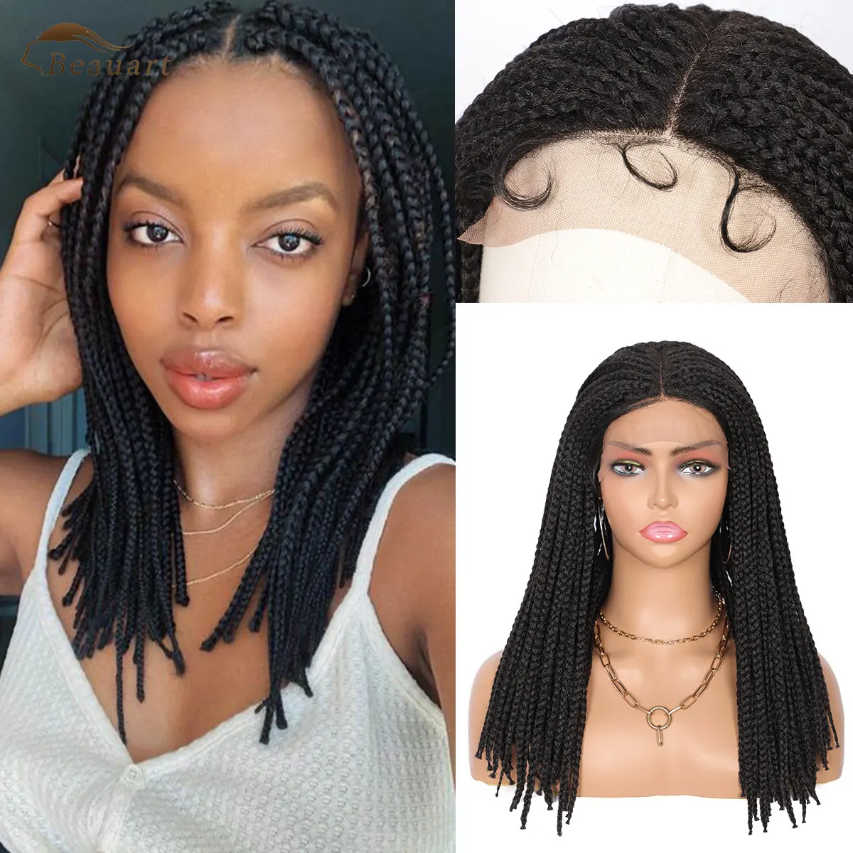 

Beauart Synthetic Lace Front Box Braided Wigs with Baby Hair for Black Women Twisted Braids Bunt Bob Mid Parted Frontal Lace Wig