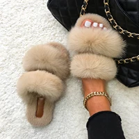 furry slides for women real rabbit fur slippers fluffy flip flops plush house slippers non slip flat sandals female home shoes