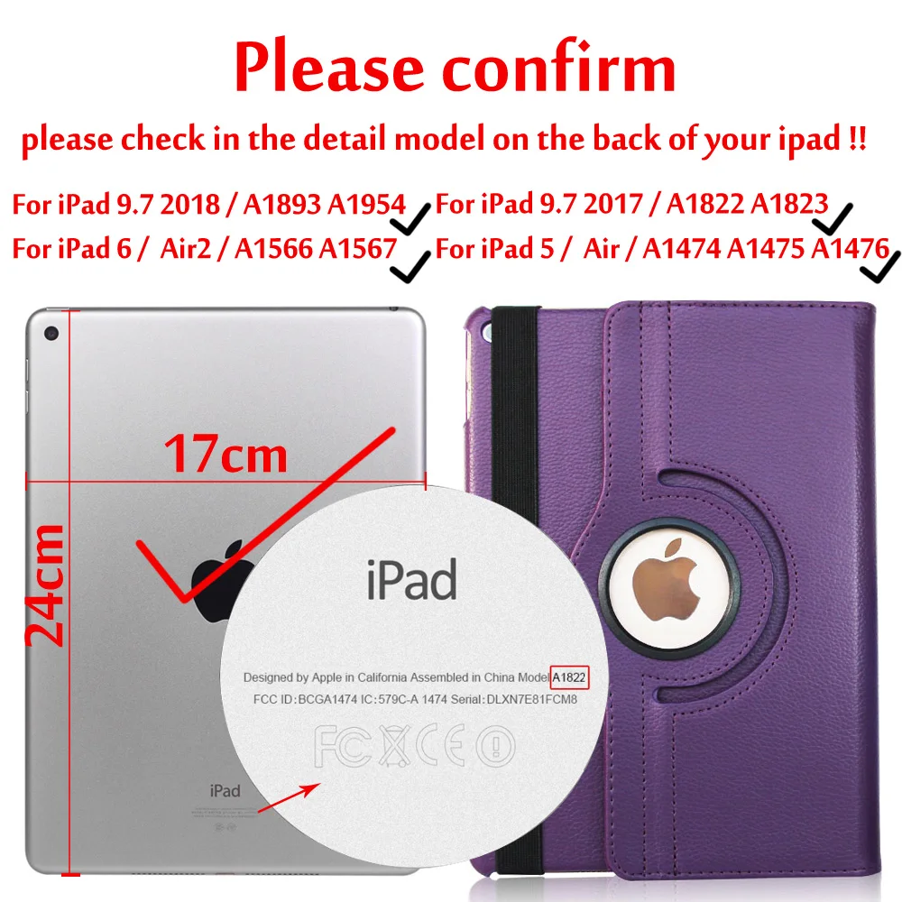 Purple Чехол для iPad 9,7,,, Чехол для iPad Air 2, Air 1, чехол, 5, 6, 5, 6, 6 поколение, чехол, вращающийся на 360 градусов, кожаный смарт-чехол - Цвет: Purple