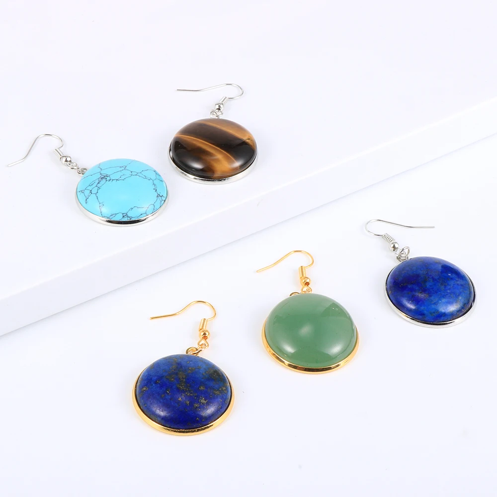 

Fashion BOHO Natural Stone Dangle Earring For Women Big Round Statement Lapis Lazuli Crystal Turquoises Drop Earrings Gemstone