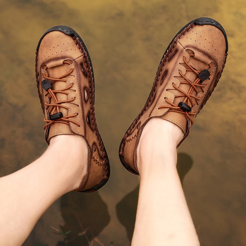 Мужские кожаные мокасины ручной работы коричневые дышащие лоферы на плоской