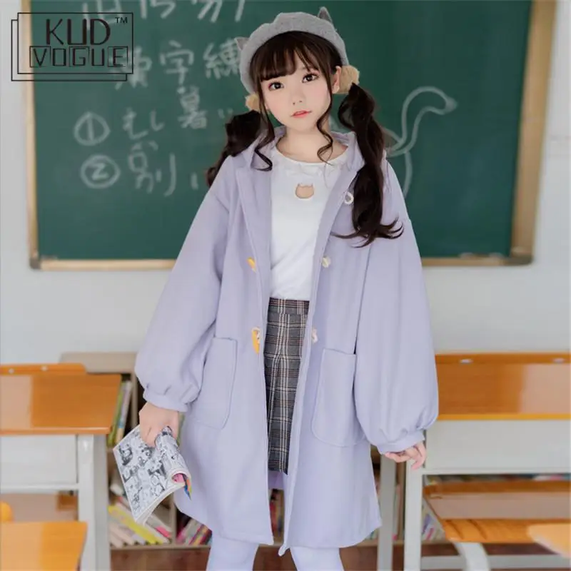 Japenese Style Students Winter Soft Cute Little Devil Lantern Sleeves Horn Buckle Loose Coat Girls Woolen Purple Brown Coat