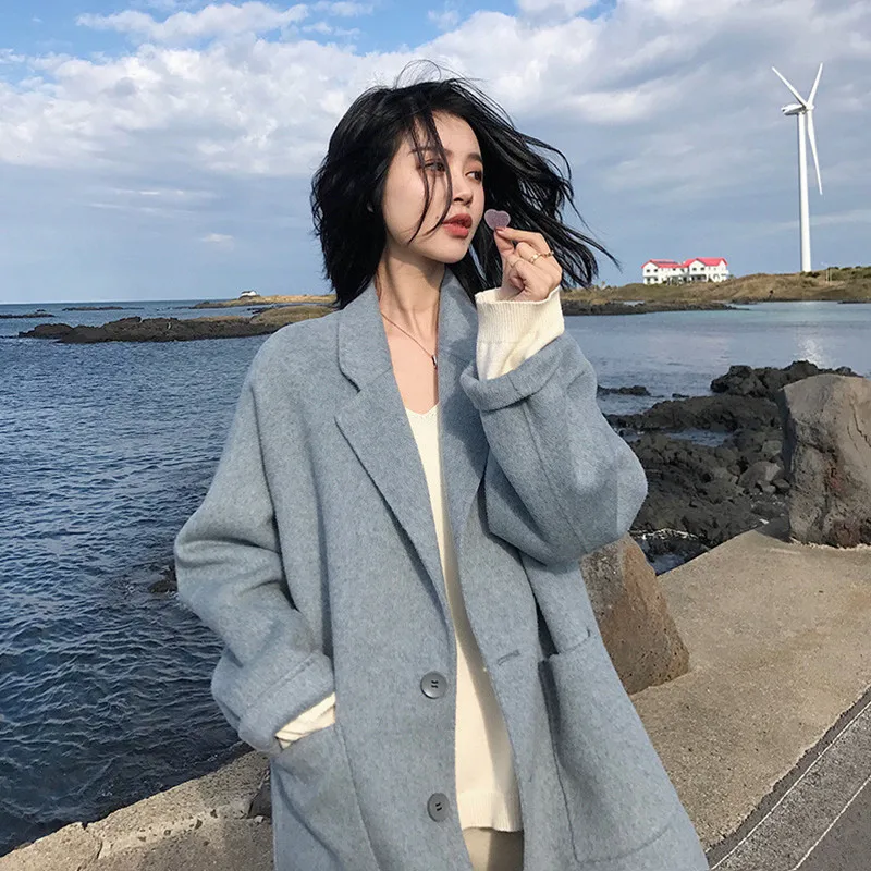 

Woolen Coat Women 2022 Autumn Winter New Korean Style Fashion Student Casual Mid-length Haze Blue Woolen Coat JD1960