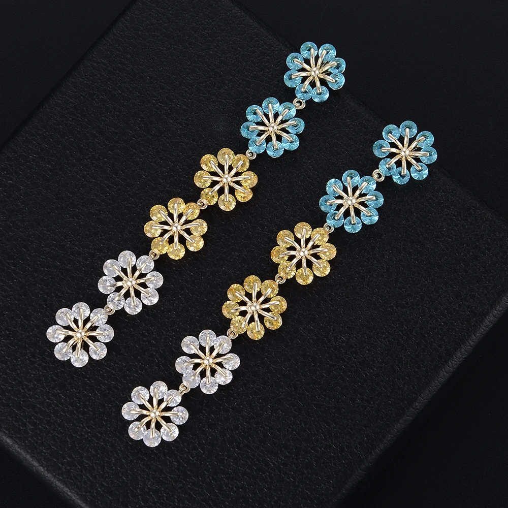 

LARRAURI Long Drop Dangle Earrings For Women Wedding Bridal Fashion Jewelry Charms Flower Multi-layer Cubic Zirconia Earrings