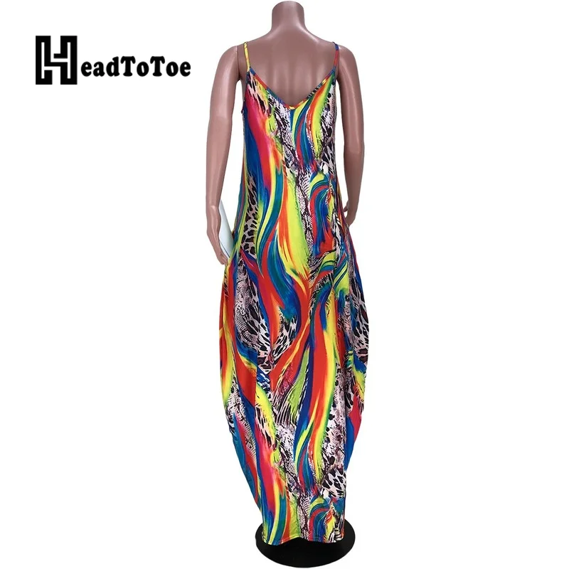 

Colorblock Print Pocket Bohemian Folk Dresses for Women Spaghetti Strap V Neck Loose Dress Women