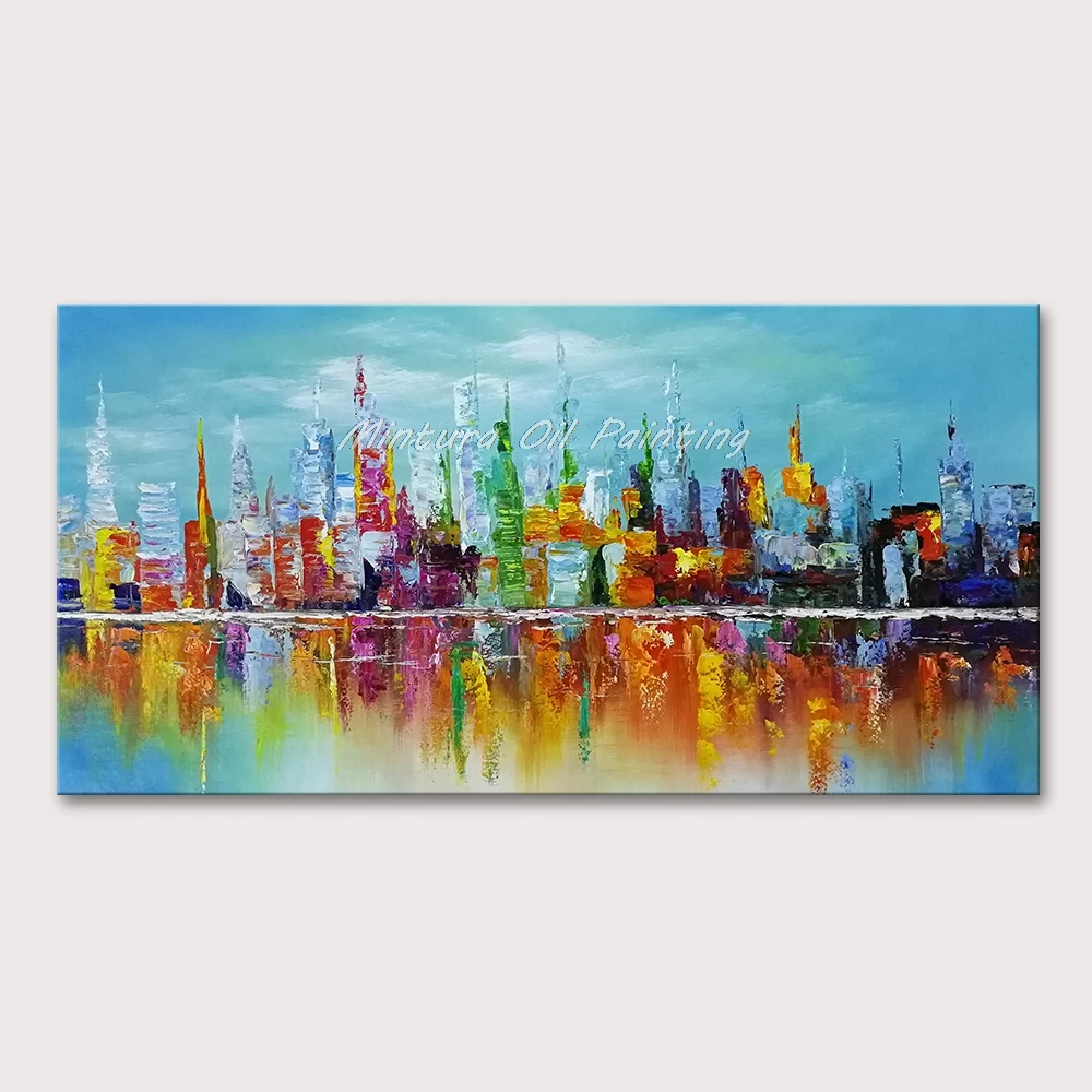 

Mintura Wall Picture for Living Room Oil Painting on Canva Hand-Painted Colorful City Building Thick Painting Home Art No Framed
