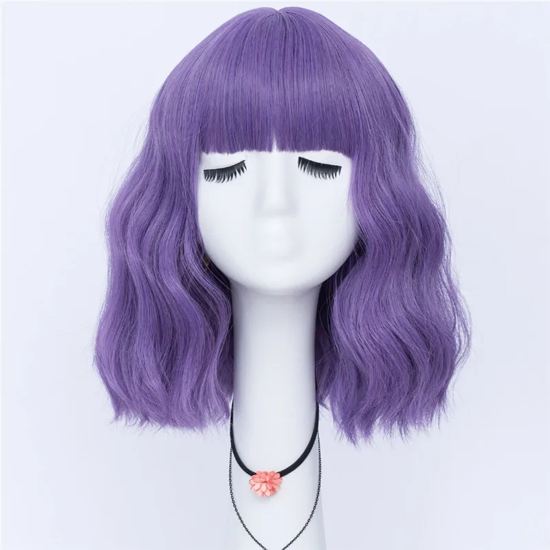 

VICWIG Cosplay Wig with Bangs Short Water Wave Synthetic Hair Purple Blue Green Pink Orange Wig for Women