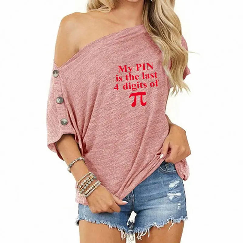 

Women's short sleeve round neck T-shirt 100% cotton Pai with math women's casual off shoulder button printing