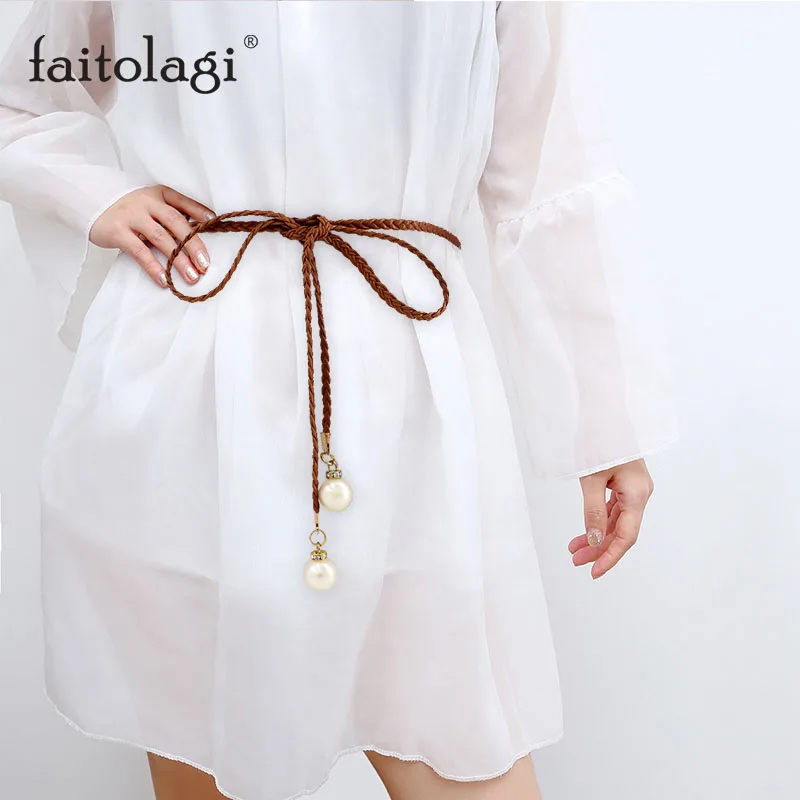 Женский пояс из пеньковой веревки белый/черный с жемчужинами лето|Женские ремни|