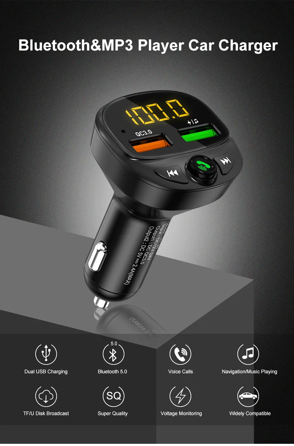 USLION Автомобильный Mp3 музыкальный плеер Bluetooth 5,0 приемник fm-передатчик двойной USB Автомобильное зарядное устройство U диск и TF карта музыкальный плеер без потерь