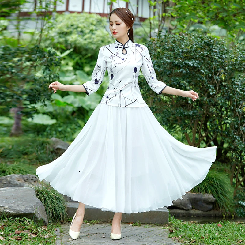Женская белая блузка наборы Китайская одежда Cheongsam рубашки простая китайская