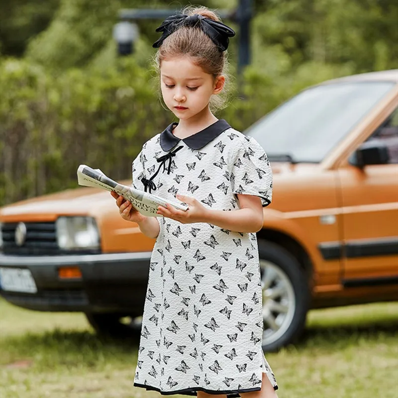 

Прямое платье в китайском стиле для девочек, традиционный дизайн, принт бабочки, отложной воротник, платья средней длины, детская одежда