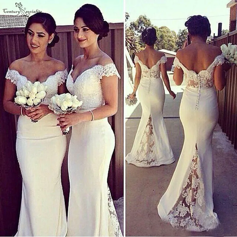 

Off Shoulder Mermaid Bridesmaid Dresses Long Lace Appliques Backless Maid Of Honor Gowns Prom Dress Wedding Party Gowns Cheap