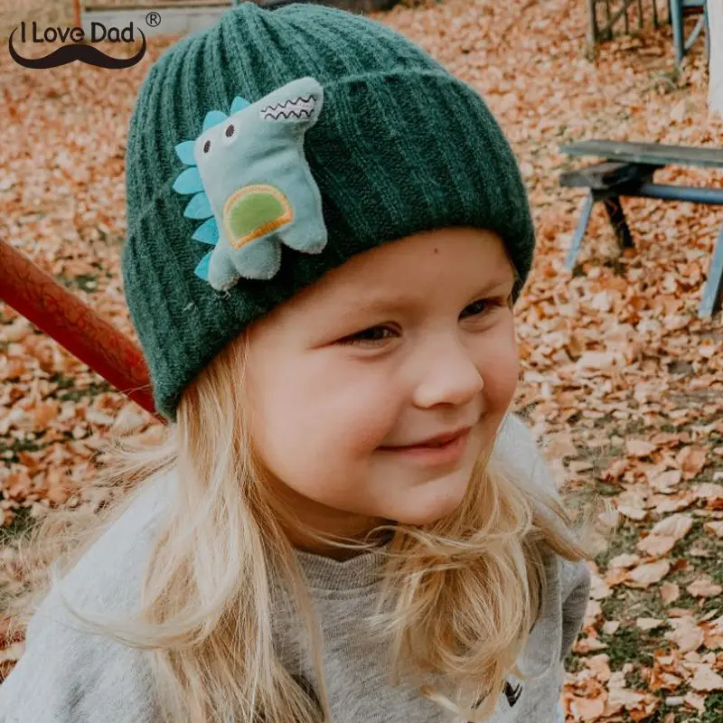 Шапка детская осенне-зимняя вязаная с мультяшным динозавром | Детская одежда и