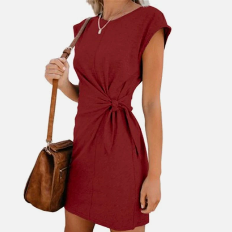 

Women's Tie-in Waist Skinny Mini Dress O-Neck Long Sleeve Female Short Dresses 2020 Summer Solid Fashion Ladies Vestidos 3XL