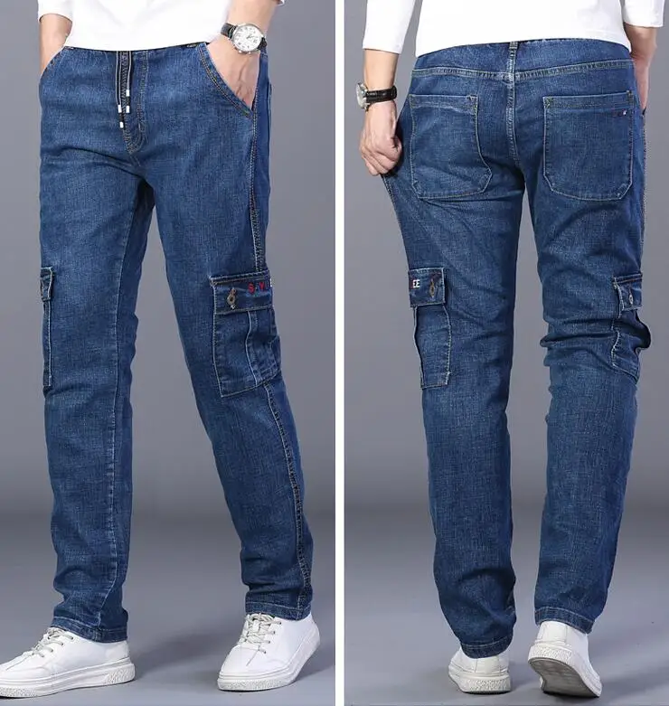 Loose Elastic Jeans Men High Waist Straight Denim Pants Elastic Waist Maximum Fit Weight Obesity 330 lb