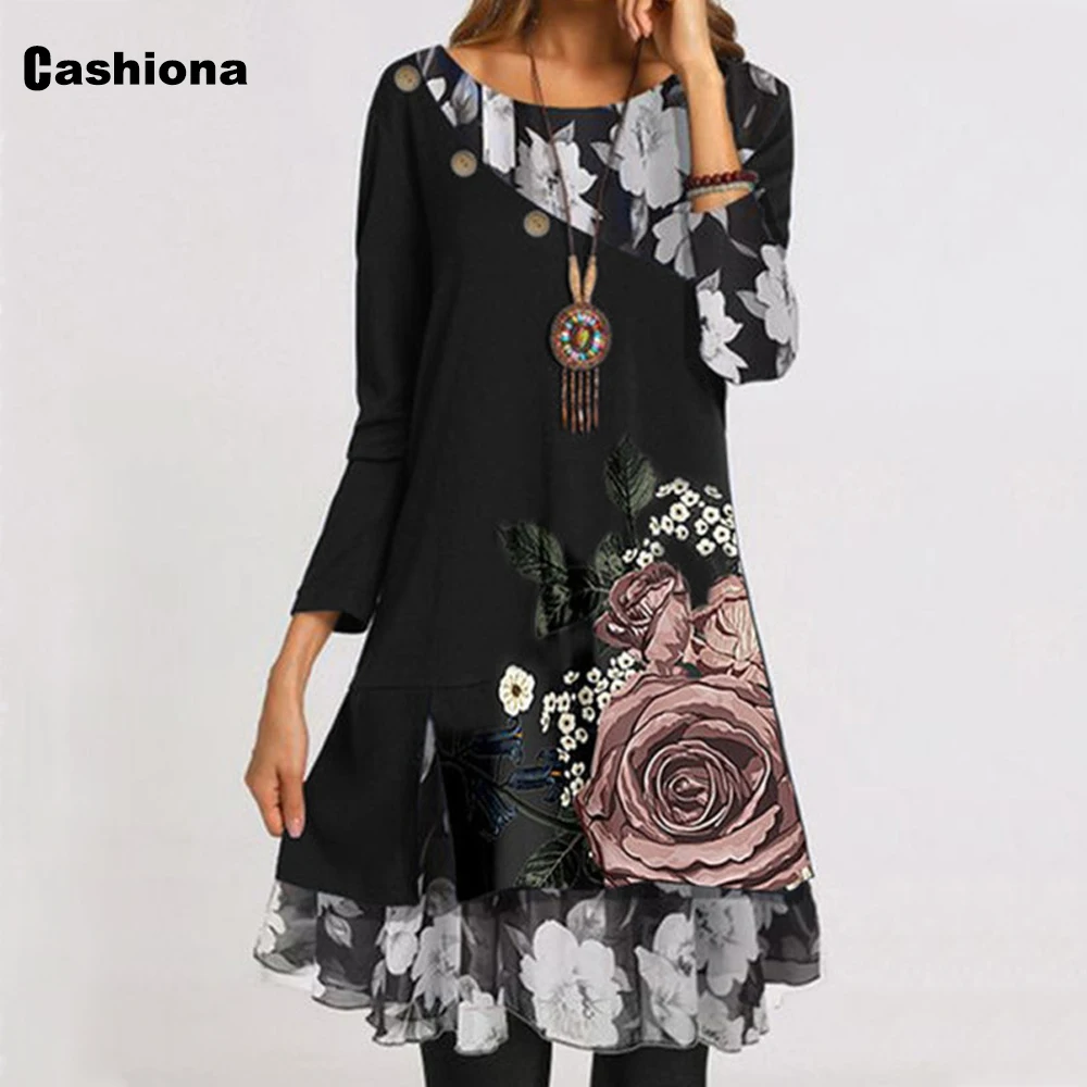 

Cashiona Ladies Elegant Short Mini Dress New Patchwork Flower Print Dresses Femme Vintage Loose Dress Womens Clothing 2021