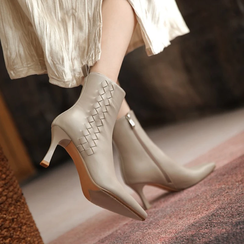 

2021 Fall Shoes Split Leather Pointed Toe Thin Heel Women Shoes Stiletto Boots Women Elegant Winter Ankle Boots High Heel Boots