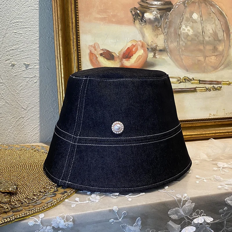 Панама женская джинсовая с бусинами модная шапка из хлопка козырьком уличная