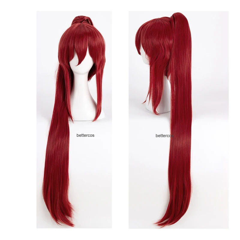 Fairy Tail Erza-Peluca de cabello sintético escarlata para Cosplay, cabellera artificial de 100cm de largo, resistente al calor, color rojo vino, con gorro