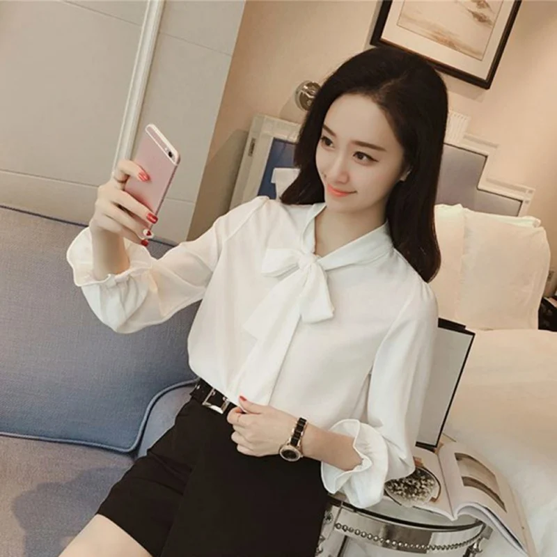 Женская шифоновая блуза с бантом тонкая рубашка Элегантная Офисная Женская с длинным рукавом модная одежда NS