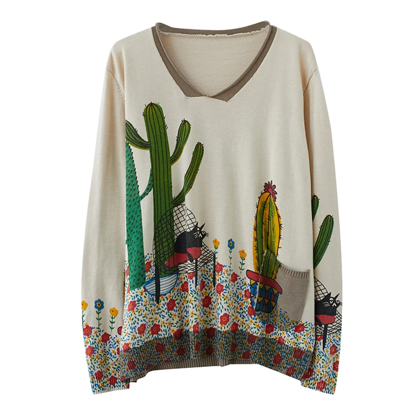 

Women Winter Fall Fashion Long Sleeve Cartoon Print V-Neck Sweater Office Lady Large Size Casual Loose Vintage Pullover Knitwear