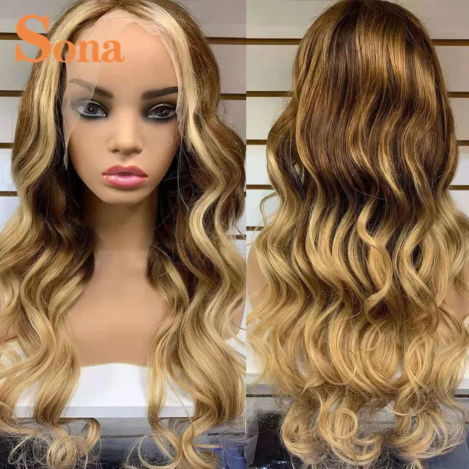 Парики блонд на сетке для женщин фронтальные волнистые 13X4 2 оттенка с эффектом