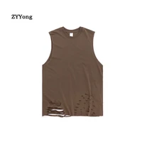 mens tank top loose sleeveless lengthen cotton hip hop hole ripped streetwear fashion casual outdoor black white lovers clothing