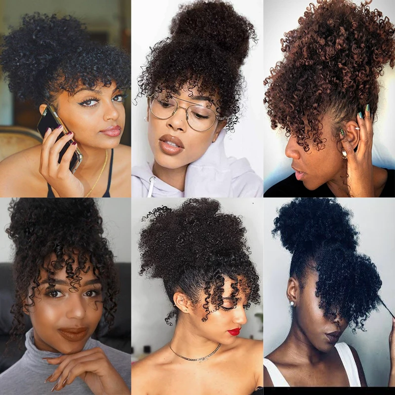 

Short Afro Kinky Curly Ponytail Chignon with Bangs Ombre Drawstring Ponytail Puff Synthetic Fake Hair Bun Clip In Hair Extension