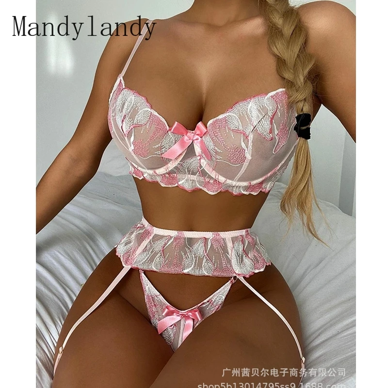 

Сексуальный костюм Mandylandy с вышивкой, нижнее белье, прозрачный экзотический кружевной бюстгальтер на косточках, Комплект трусиков, бандажны...