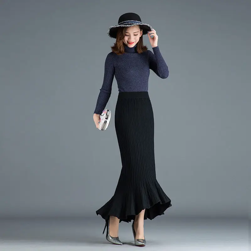 

2021 New Autumn Winter Knitted Irregular Fishtail Skirt Half Skirt Women's High Waist Middle Length Style Thin Slim Skirt Y242