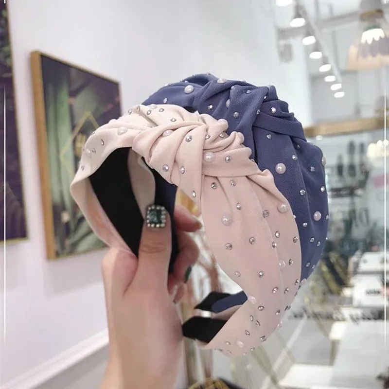 

SHUANGR Fashion Headband Handmade Shining Pearls Rhinestone Ornament Hairband Women Middle Knot Turban Hair Accessories