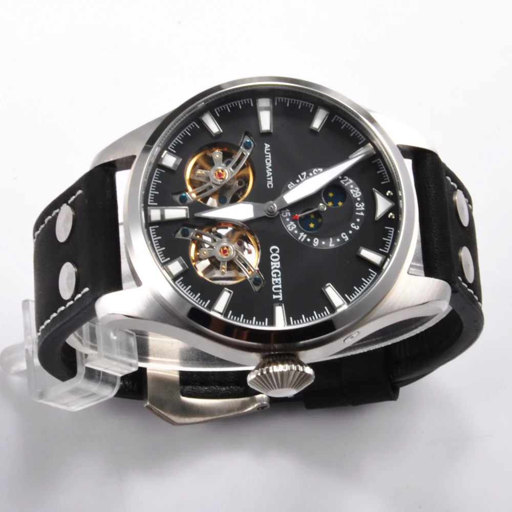 Corgeut 46 мм мужские полые Tourbillon черный циферблат сапфир кожаный ремешок стальной