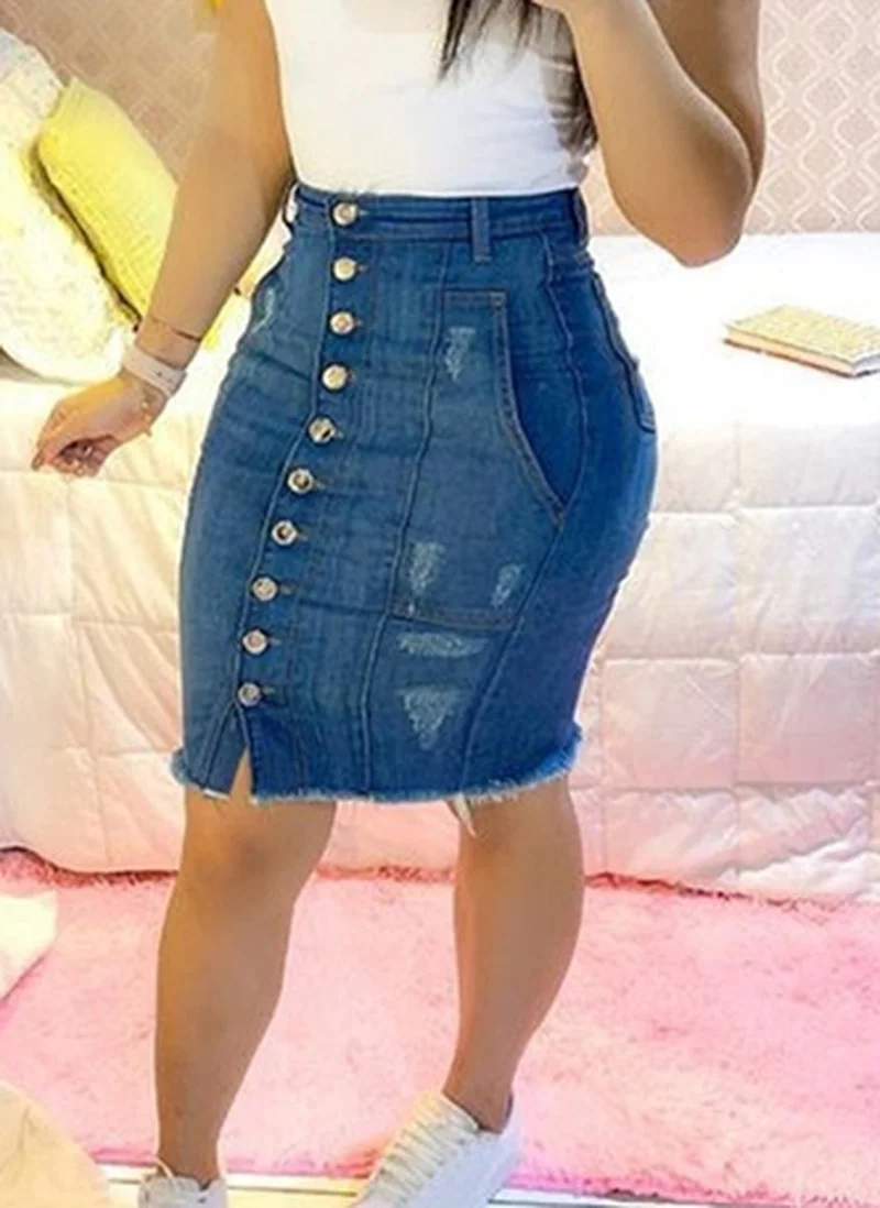 

FAKUNTN Summer Denim Skirt Women Fashion Casaul Stretch Knee Length Washed Denim Skirts Pockets Button Detail Pure Color