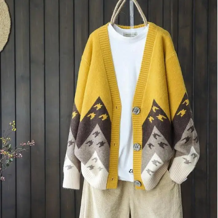 

Женский вязаный свитер, однобортный кардиган свободного кроя с принтом в виде журавлей