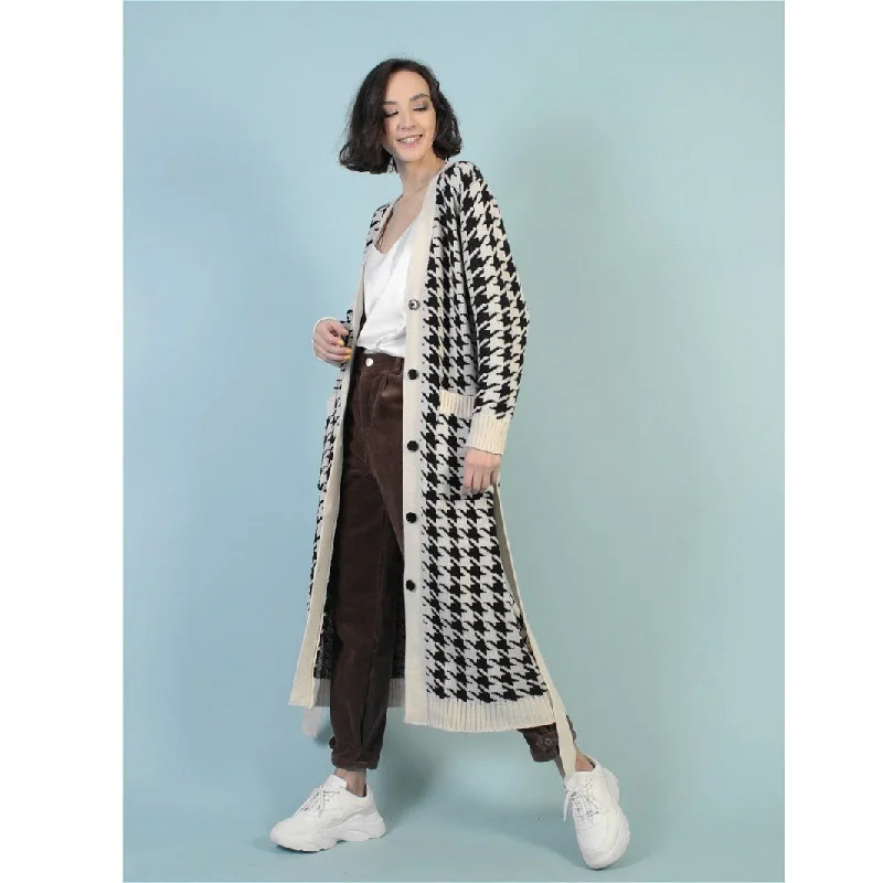 

Female Cardigan Houndstooth Print Long Sleeve Coat with Pockets and Waist Belt for Spring Fall
