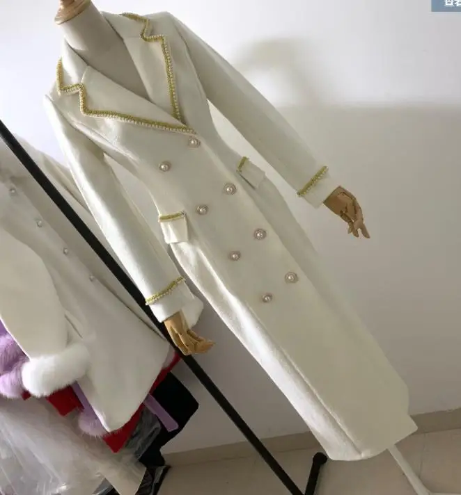 WHITE GOLD Новинка, женское модное тонкое шерстяное пальто, сшитое сетчатым бисером, парка, верхняя одежда, тонкое металлическое двубортное пальто L1370 - Цвет: WHITE GOLD