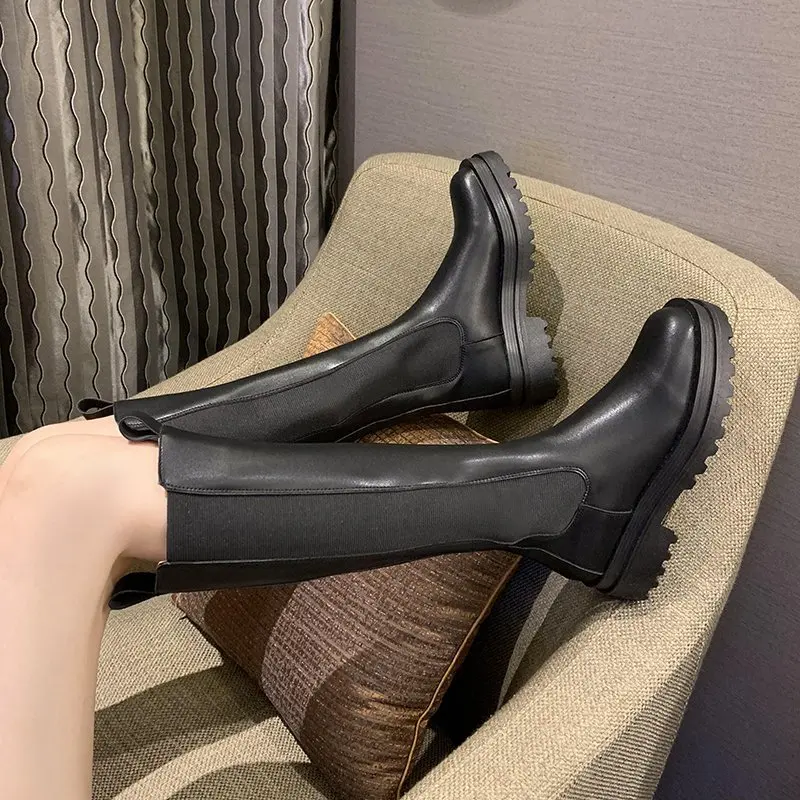 

Leather Boots Autumn And Winter Platform Shoes Long Tube Cavalier Chelsea Martin Boots Women Motorcycle Shoes Ladies Boot Goth