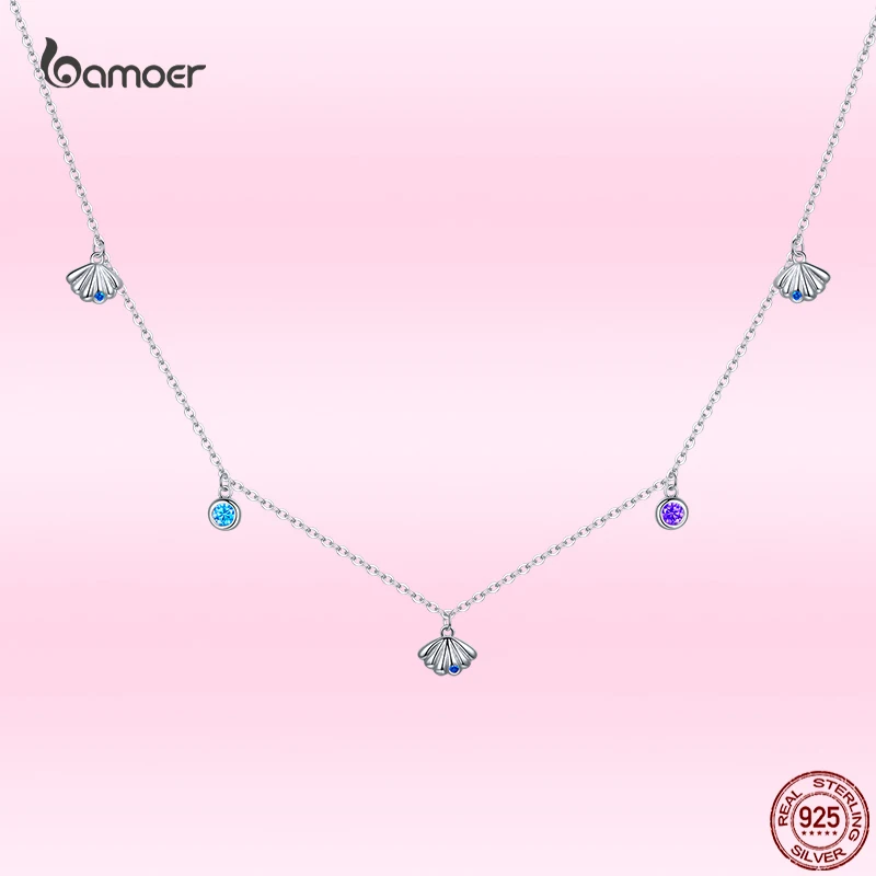 

Bamoer 925 Sterling Silver Authentic Elegant Seashell Necklace for Girlfriend Blue CZ Love Gift Statement Fine jewelry SCN454